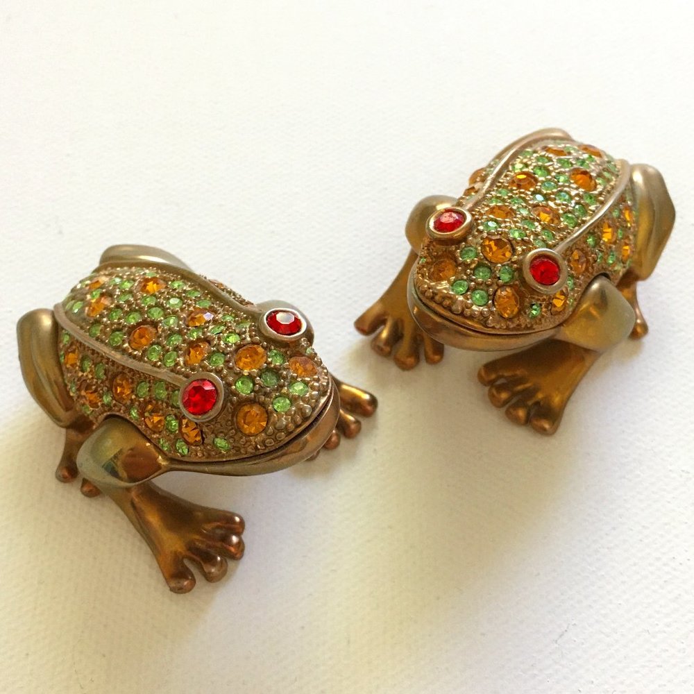 Decorative Jeweled Frog Figurines — Green and Gold Accent Pair